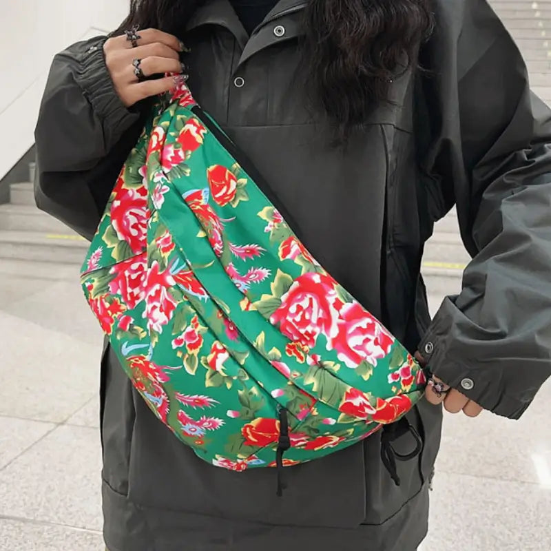 Grand Sac Banane XL Vert Fleuri a Grande Capacite pour Femme