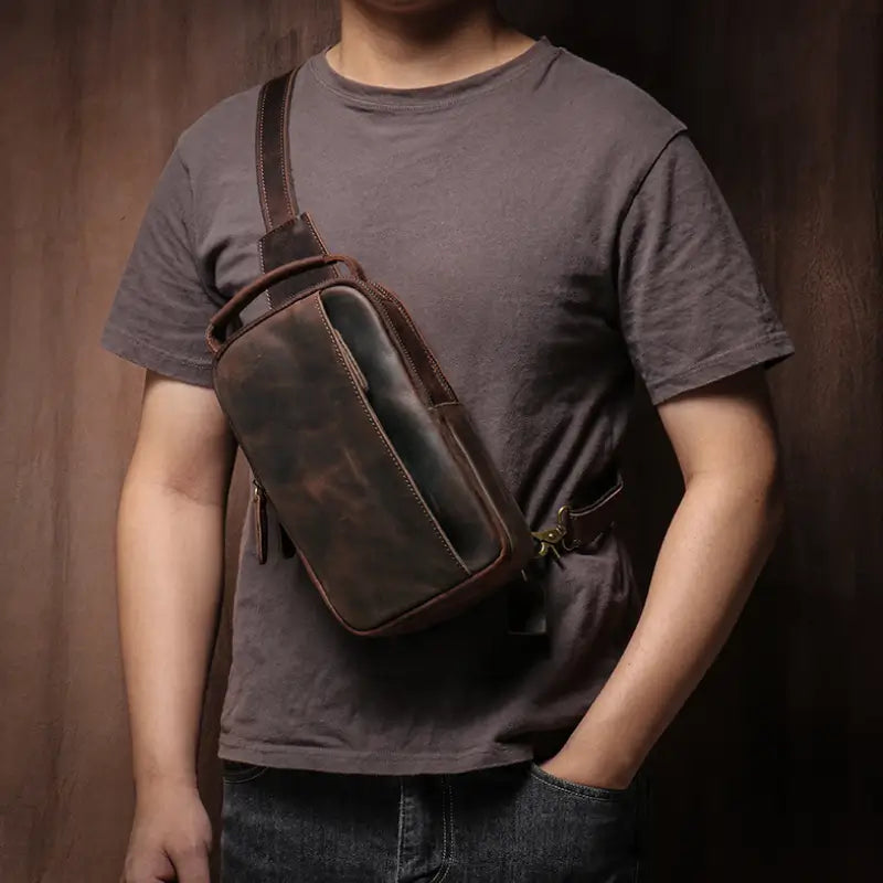 Sac Banane Bandoulière Vintage de Luxe pour Homme en Cuir Marron